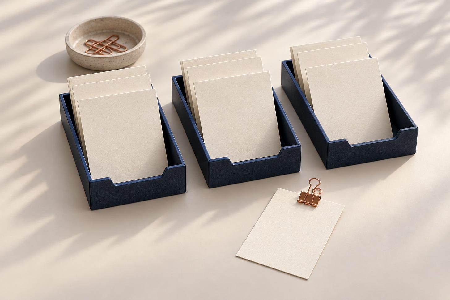 Illustration of three navy document trays and a separate blank card with a copper clip. Illustration of three navy document trays and a separate blank card with a copper clip.