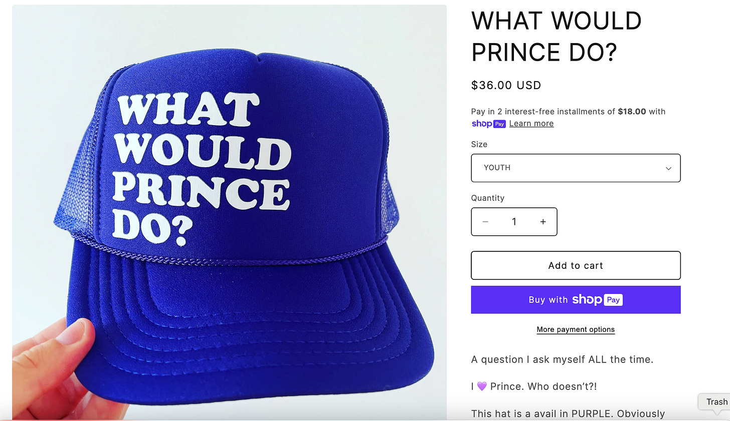picture of a purple trucker hat that says what would prince do? and the information on how to buy it