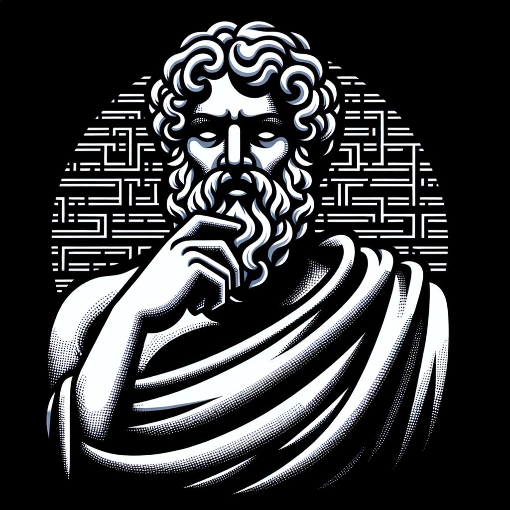 Illustration of ChatGPT represented as Socrates, the ancient Greek philosopher, set against a black background. ChatGPT's digital essence is captured in a classical Grecian style, wearing a toga and holding a scroll, deep in thought.
