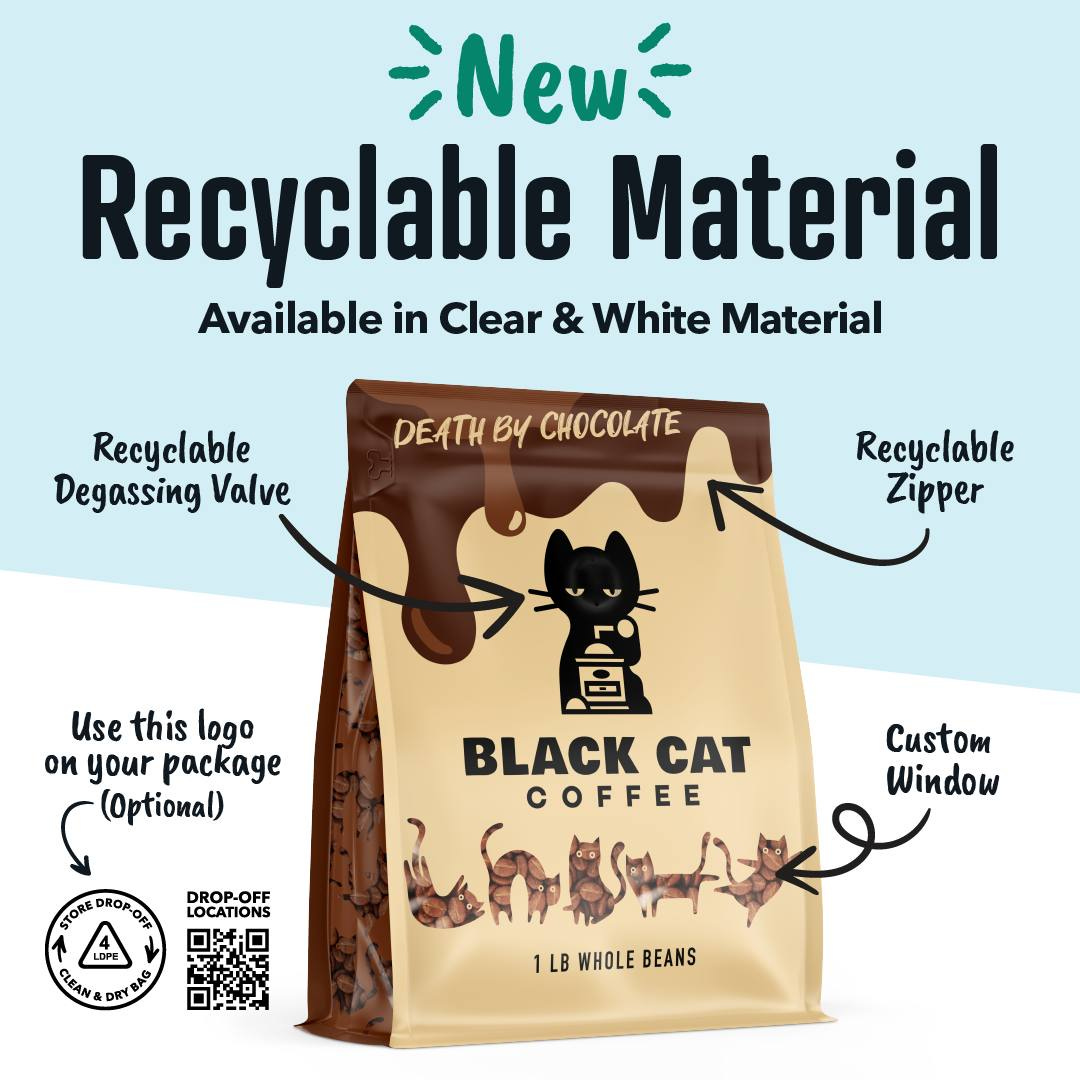 A diagram of the recyclable materials in a coffee bag. A diagram of the recyclable materials in a coffee bag.