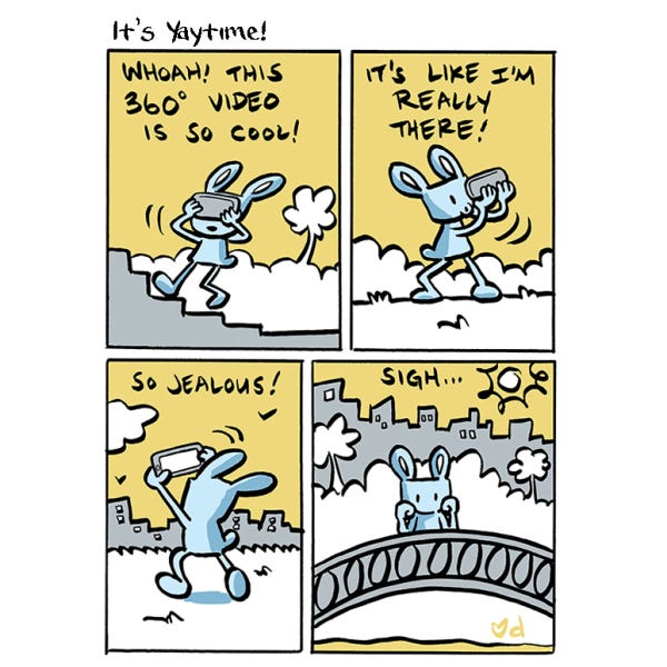 A bunny walks up stairs looking at a 360 degree video on their phone. They stand on the grass looking at the phone. They hold the phone up to the sky and look at it while walking. Feeling jealous of not really being there they put they rest on a bridge in a park on a sunny day and look sad.