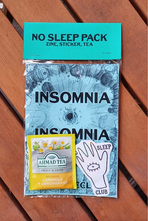 Zines and sleep-themed paper goods, including Party of Fools and a No Sleep Pack.