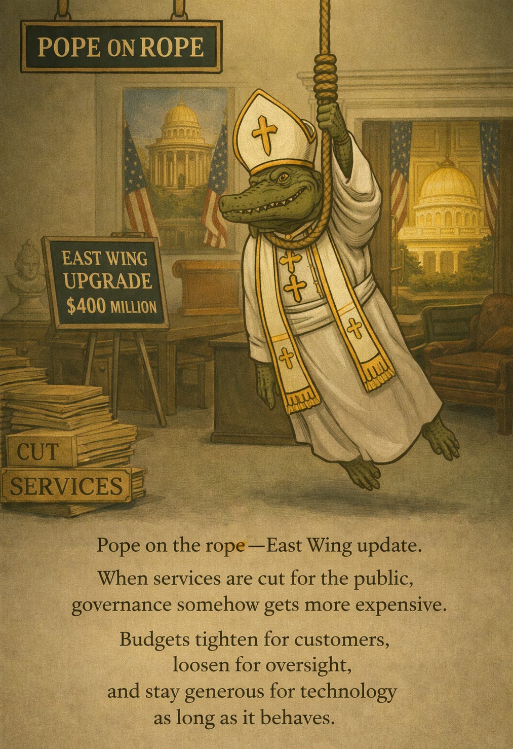 THE ORBÁN DIET™ How Authoritarians Eat Democracy Chef’s Note: Inspired by Hungary’s “illiberal democracy.” Now available as a tasting menu in the U.S. 🥗 STARTERS Free Press Carpaccio Thinly sliced. Seasoned with lawsuits, licensing pressure, and “neutral oversight.” Judicial Appetizer Sampler Lifetime appointments served before the voters arrive. 🍝 MAIN COURSES Strongman Pasta Heavy on executive power. Light on accountability. Electoral Goulash District lines slow-cooked until opposition disappears. Served “legally.” Minority Rights à la Carte Optional. Removed quietly from the menu. 🥩 HOUSE SPECIALTIES Court Capture Cut Aged just long enough to look legitimate. Rubbed with originalist spices. Civil Service Reduction Plate Lean government for citizens. Extra funding for loyalists. 🍰 DESSERTS Illiberal Democracy Mousse Looks democratic. Tastes like control. Forever Power Crème Brûlée The illusion cracks — but the center stays intact. ☕ AFTER-DINNER DRINKS Grievance Espresso Keeps the base awake. Never satisfies. Culture War Digestif Helps everything go down easier. ⚠️ ALLERGEN WARNING May cause: Voter apathy Media fatigue Normalization of cruelty “This is fine” syndrome CHEF’S DISCLAIMER “This isn’t a coup. It’s a diet. Taken slowly, over time.” THE ORBÁN DIET™ How Authoritarians Eat Democracy Chef’s Note: Inspired by Hungary’s “illiberal democracy.” Now available as a tasting menu in the U.S. 🥗 STARTERS Free Press Carpaccio Thinly sliced. Seasoned with lawsuits, licensing pressure, and “neutral oversight.” Judicial Appetizer Sampler Lifetime appointments served before the voters arrive. 🍝 MAIN COURSES Strongman Pasta Heavy on executive power. Light on accountability. Electoral Goulash District lines slow-cooked until opposition disappears. Served “legally.” Minority Rights à la Carte Optional. Removed quietly from the menu. 🥩 HOUSE SPECIALTIES Court Capture Cut Aged just long enough to look legitimate. Rubbed with originalist spices. Civil Service Reduction Plate Lean government for citizens. Extra funding for loyalists. 🍰 DESSERTS Illiberal Democracy Mousse Looks democratic. Tastes like control. Forever Power Crème Brûlée The illusion cracks — but the center stays intact. ☕ AFTER-DINNER DRINKS Grievance Espresso Keeps the base awake. Never satisfies. Culture War Digestif Helps everything go down easier. ⚠️ ALLERGEN WARNING May cause: Voter apathy Media fatigue Normalization of cruelty “This is fine” syndrome CHEF’S DISCLAIMER “This isn’t a coup. It’s a diet. Taken slowly, over time.”