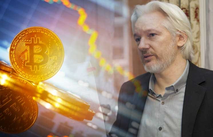 Gold coins emblazoned with the Bitcoin logo are superimposed on a photograph of Julian Assange speaking. Gold coins emblazoned with the Bitcoin logo are superimposed on a photograph of Julian Assange speaking.