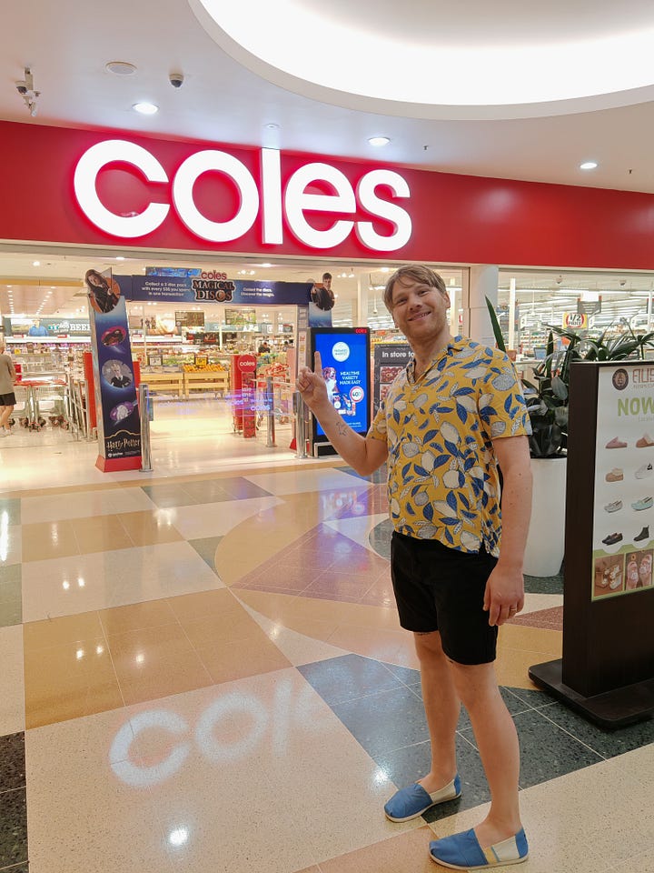 L: the front of an annexe in a garden, its door open. R: a young blonde man pointing at Coles supermarket's entrance in a shopping centre.