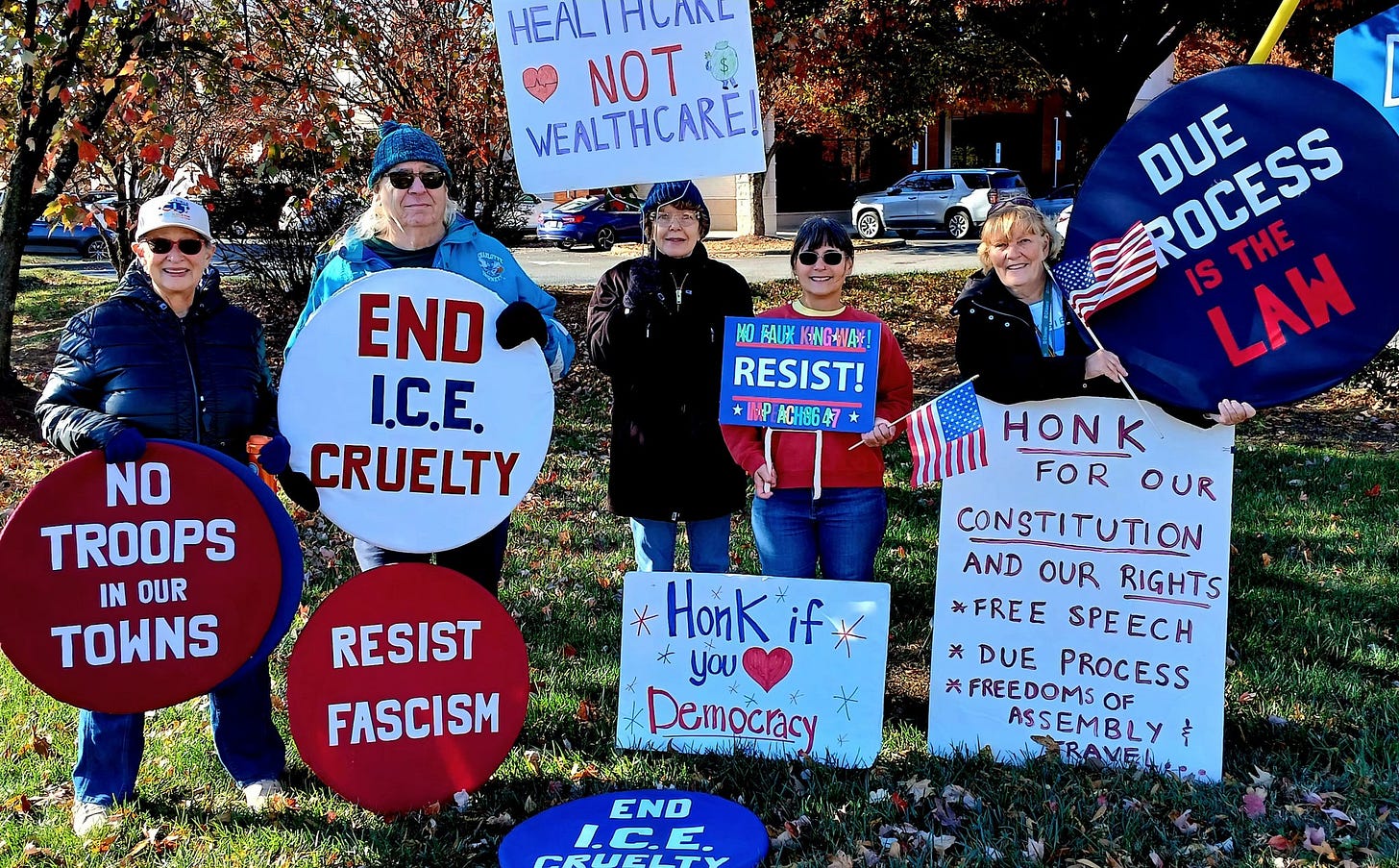 A group of six adults stands outdoors on a sunny fall day, holding protest signs in support of democracy, civil rights, and humane immigration policies. Colorful autumn trees fill the background. The individuals wear jackets and winter hats, and several hold small American flags. Their signs include messages such as “NO TROOPS IN OUR TOWNS,” “END I.C.E. CRUELTY,” “RESIST FASCISM,” “HEALTHCARE NOT WEALTHCARE,” “RESIST!,” “Honk if you love democracy,” and a large blue circular sign reading “DUE PROCESS IS THE LAW.” Another large white sign lists constitutional rights including free speech, due process, and freedom of assembly. The group stands together smiling, expressing solidarity and peaceful civic engagement.
