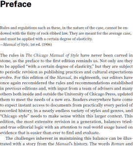 The opening lines of the preface to the 18th edition of The Chicago Manual of Style. The first line of the first paragraph following the heading "Preface" and an epigraph begins flush left.