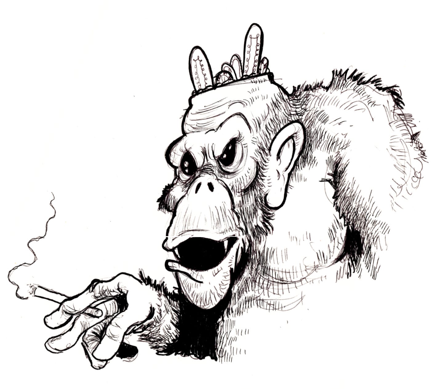 Ballpoint cartoon of a smoking chimp with diodes and wires in his open brain.