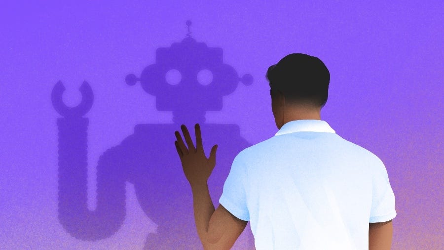 Illustration of a person waving at a robot shadow on a purple wall, enterprise AI engineers theme Illustration of a person waving at a robot shadow on a purple wall, enterprise AI engineers theme