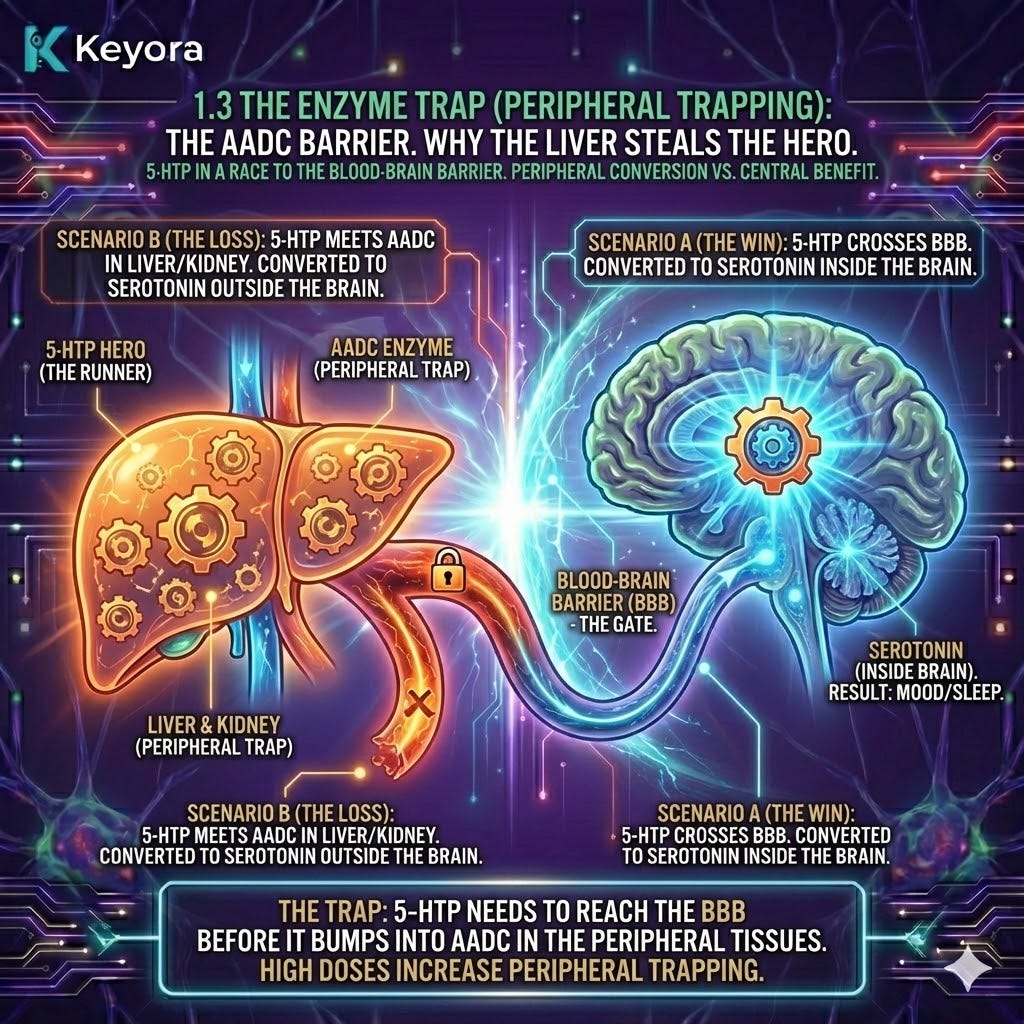 The AADC Barrier traps peripheral 5-HTP, causing premature conversion and a Neuro-Endocrine Storm that blocks Neurological Sovereignty and CNS access. The AADC Barrier traps peripheral 5-HTP, causing premature conversion and a Neuro-Endocrine Storm that blocks Neurological Sovereignty and CNS access.