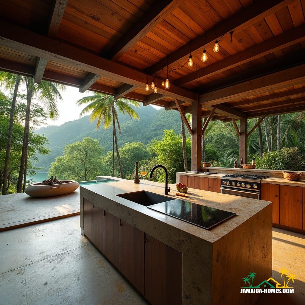 An ultra-luxurious outdoor kitchen, crafted from rich teak and mahogany, seamlessly integrated into a multimillion-pound off-the-grid wooden estate, nestled in the lush green mountains of Jamaica