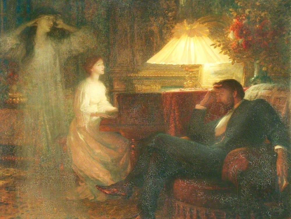 Dicksee's A Reverie: a wife playing the piano, her husband slumped in an armchair, and a transparent woman at the far left Dicksee's A Reverie: a wife playing the piano, her husband slumped in an armchair, and a transparent woman at the far left