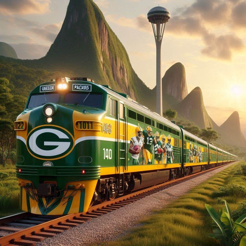 green bay packers passenger train in brazil  photorealistic