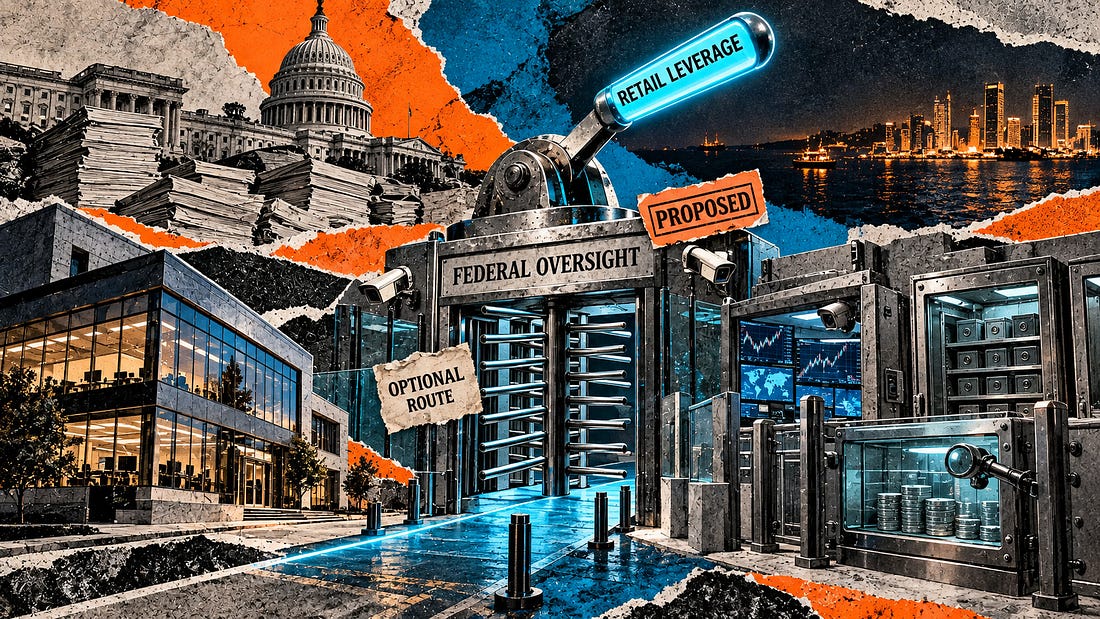 Editorial collage showing a proposed optional federal checkpoint where US crypto exchanges trade deeper oversight for retail leverage. Editorial collage showing a proposed optional federal checkpoint where US crypto exchanges trade deeper oversight for retail leverage.