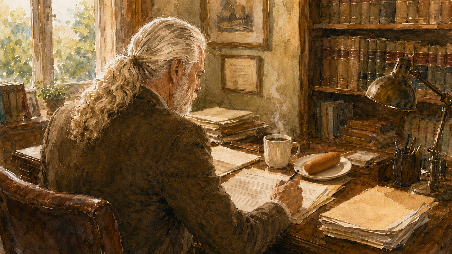 Watercolor painting of attorney Rick Horowitz at work, seen from behind and slightly to one side. An older man with long pale hair tied back and a beard sits at a wooden desk, pen in hand, writing on a document. Beside the papers, a steaming mug of coffee and a corndog on a small plate. Shelves of law books line the wall behind him, and daylight comes through a window at the left.