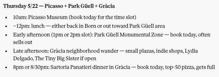 Claude generating a daily travel itinerary