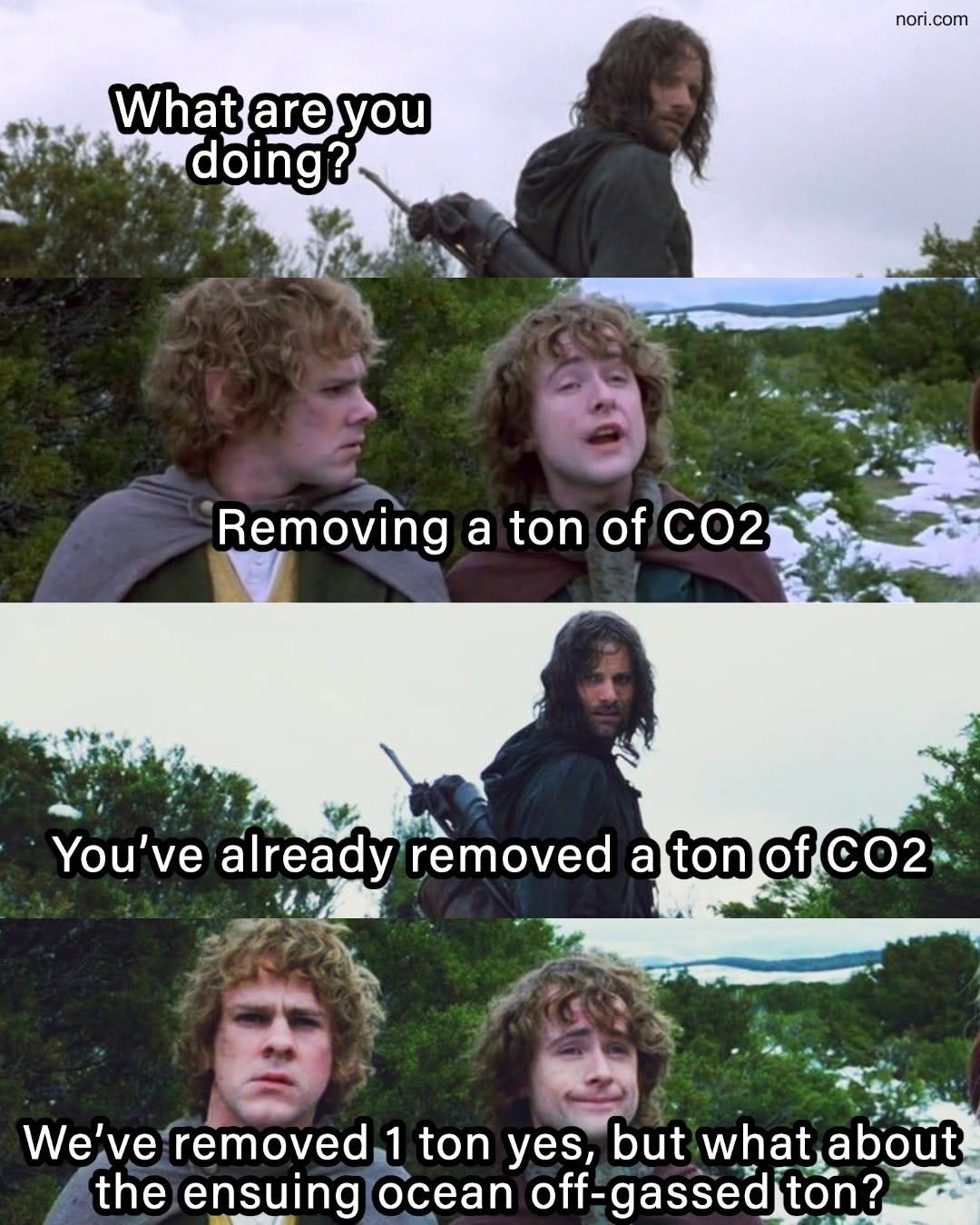 Four Lord of the Rings stills. Aragorn: "What are you doing?" Merry and Pippin: "Removing a tonne of CO2." Aragorn: "You've already removed a tonne of CO2." Merry and Pippin: "We've removed 1 tonne yes, but what about the ensuing ocean off-gassed tonne?"