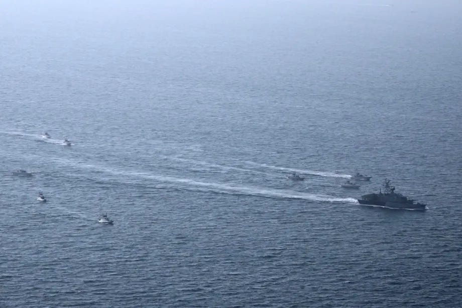 Iranian military personnel take part in an exercise titled "Smart Control of the Strait of Hormuz", launched by the Naval Forces of the Islamic Revolutionary Guard Corps, is being carried out in the Persian Gulf and the Strait of Hormuz on February 16, 2026. [Islamic Revolutionary Guard Corps - Anadolu Agency]