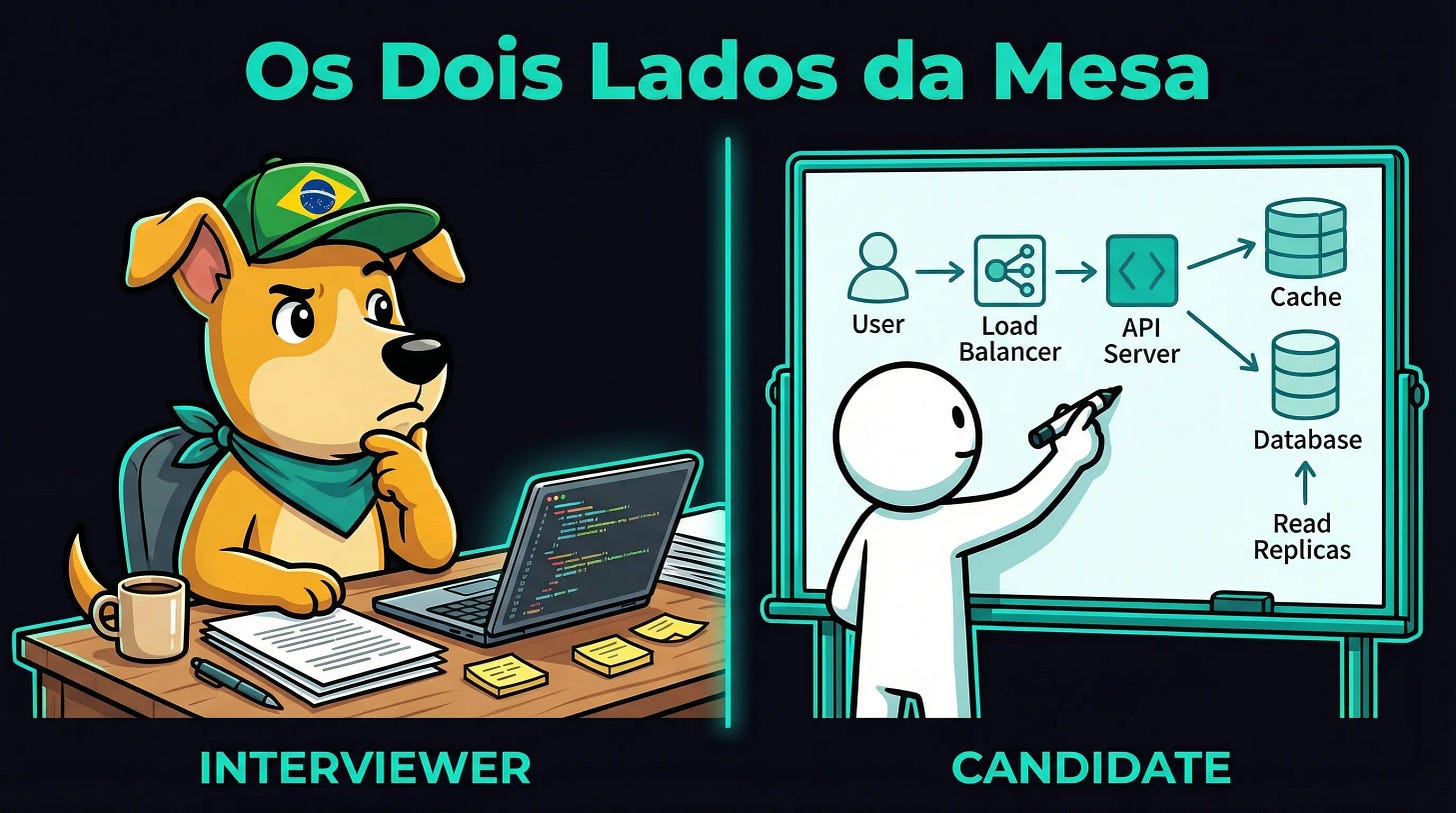 Os dois lados da mesa — Gringo como entrevistador avaliando candidato no whiteboard