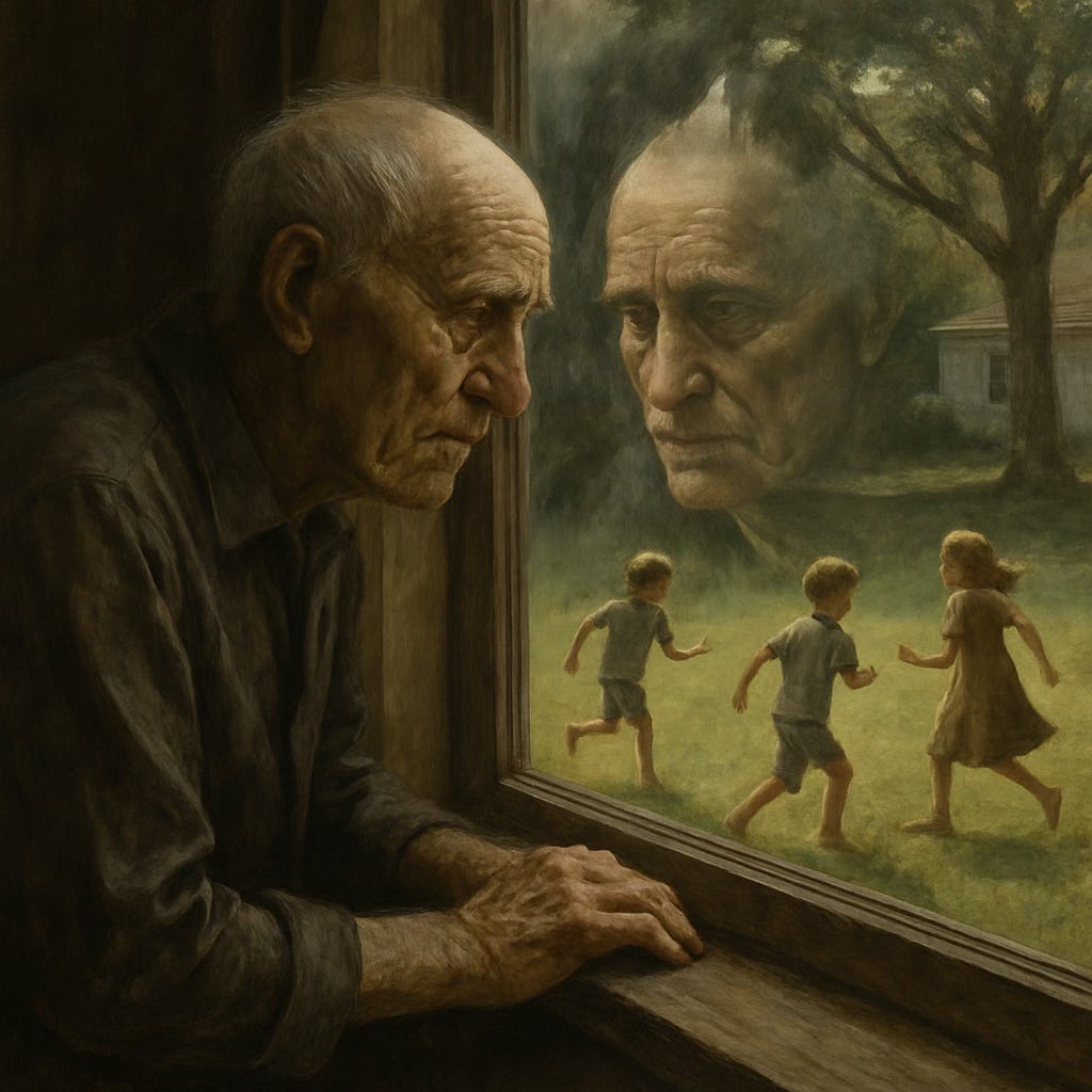 an old man contemplates his reflection in the window