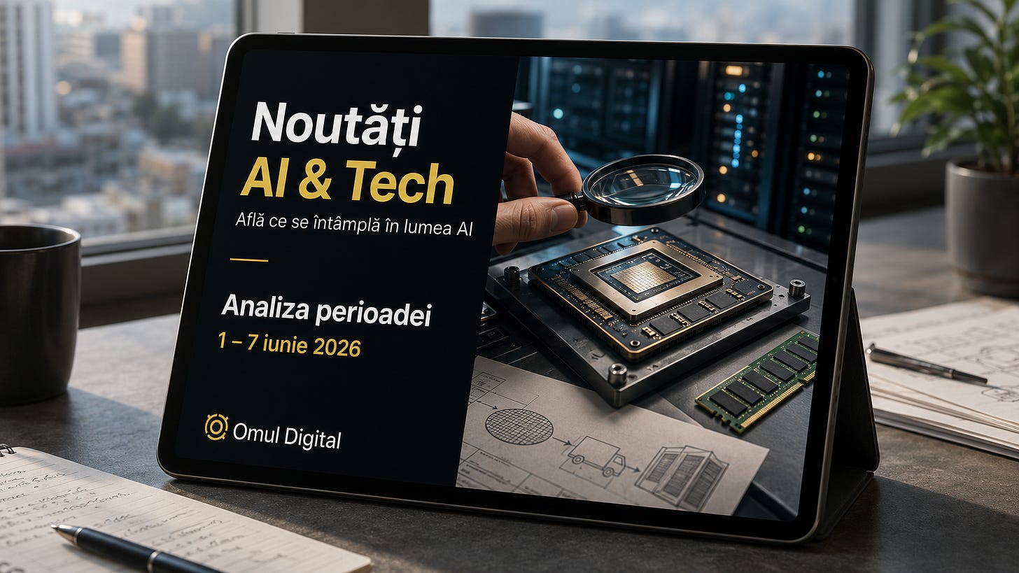 Tabletă cu un cover Omul Digital pentru Noutăți AI & Tech, alături de o scenă editorială cu cip AI, lupă și module de memorie, sugerând lupta pentru infrastructura care susține inteligența artificială.