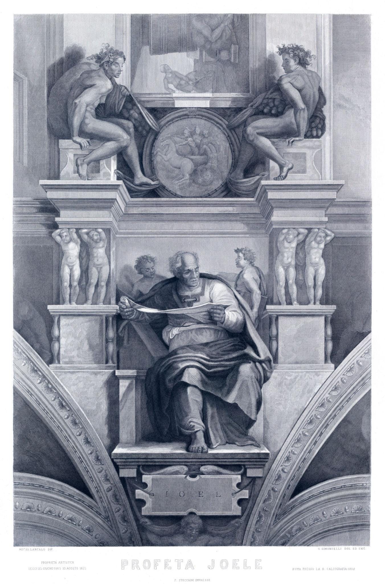 Prophet Joel by Michelangelo Vatican's Sistine Chapel steel engraving 1892