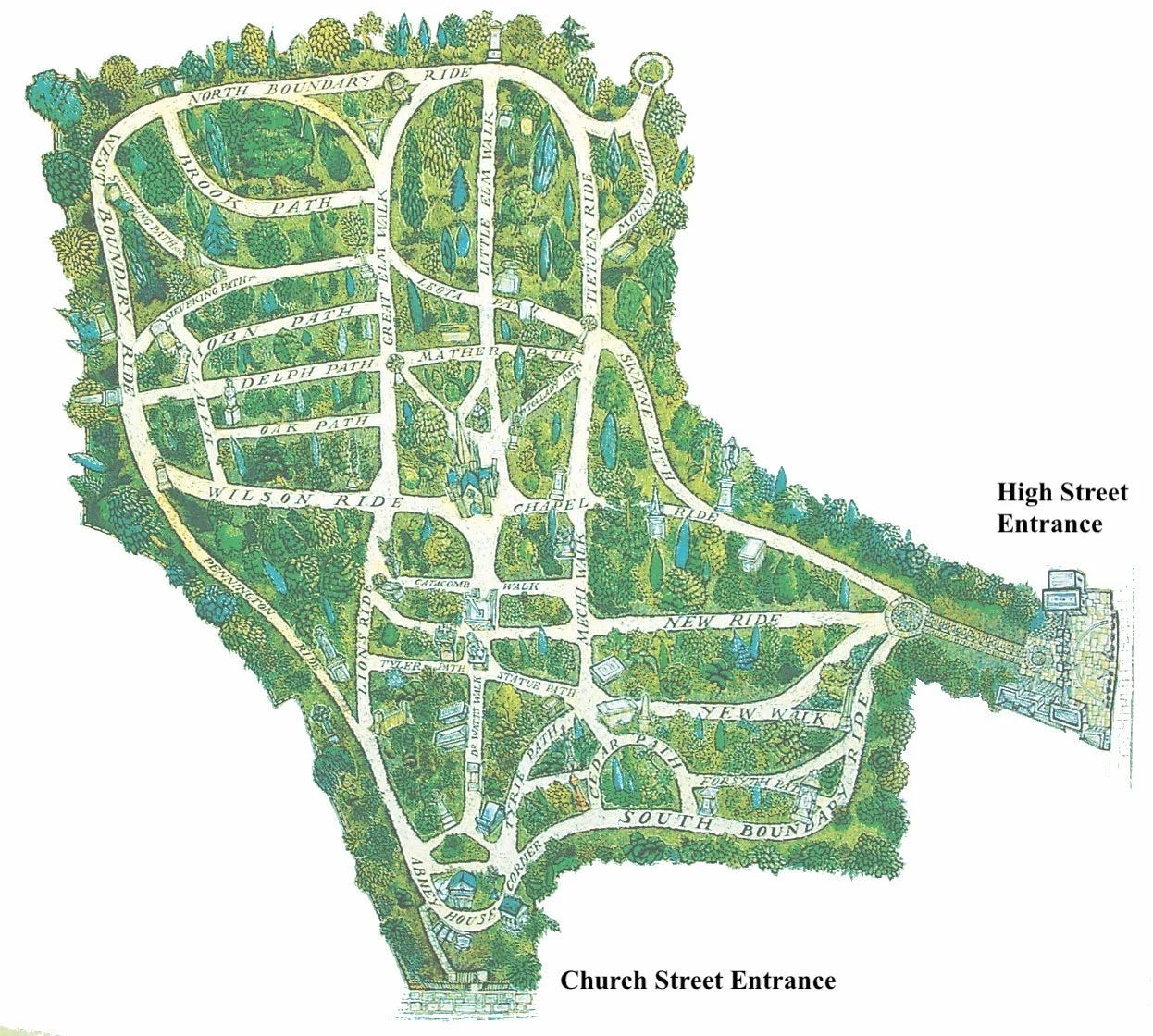 An illustrated map of Abney Park Cemetery which labels its many paths and rides An illustrated map of Abney Park Cemetery which labels its many paths and rides
