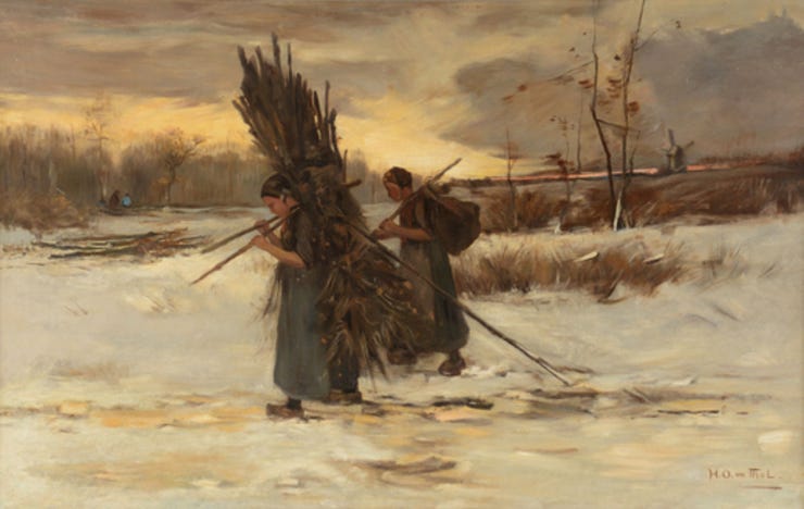 'Meisjes met sprokkelhout in winters landschap' - oliever op doek: Hendrik Otto van Thol