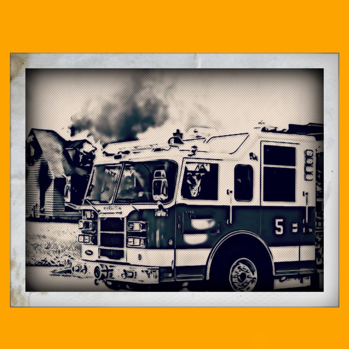 An image of a firetruck in front of a burning building.