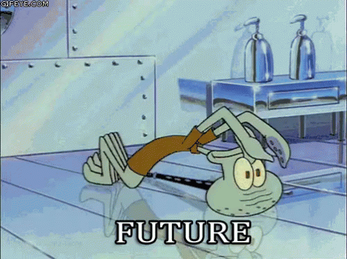 a cartoon of squidward from spongebob squarepants holding a flashlight and the word future behind him