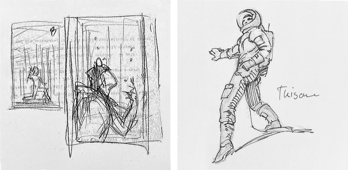 LEFT: Two rough layout sketches with poses of the Giskard statue, one full figure and the other an angled view of the torso with hand up.  RIGHT: Figure sketch of astronaut in space suit with bubble helmet.
