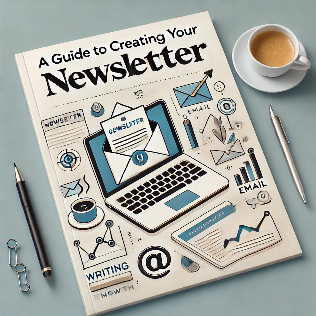 A visually appealing cover for 'A Guide to Creating Your Newsletter.' The image should feature a modern, clean design with a background of a workspace including a laptop, notepad, and coffee cup. The title should be prominently displayed in stylish typography. There should be icons or illustrations representing writing, email, and growth. The color scheme should be professional with shades of blue and white.