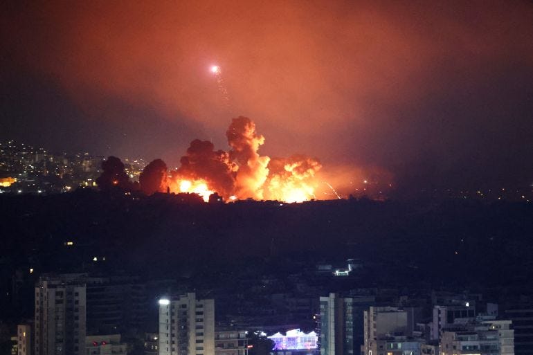 Smoke and flames rise over Beirut's southern suburbs after a strike, amid the ongoing hostilities between Hezbollah and Israeli forces, as seen from Sin El Fil, Lebanon, October 3 Smoke and flames rise over Beirut's southern suburbs after a strike, amid the ongoing hostilities between Hezbollah and Israeli forces, as seen from Sin El Fil, Lebanon, October 3