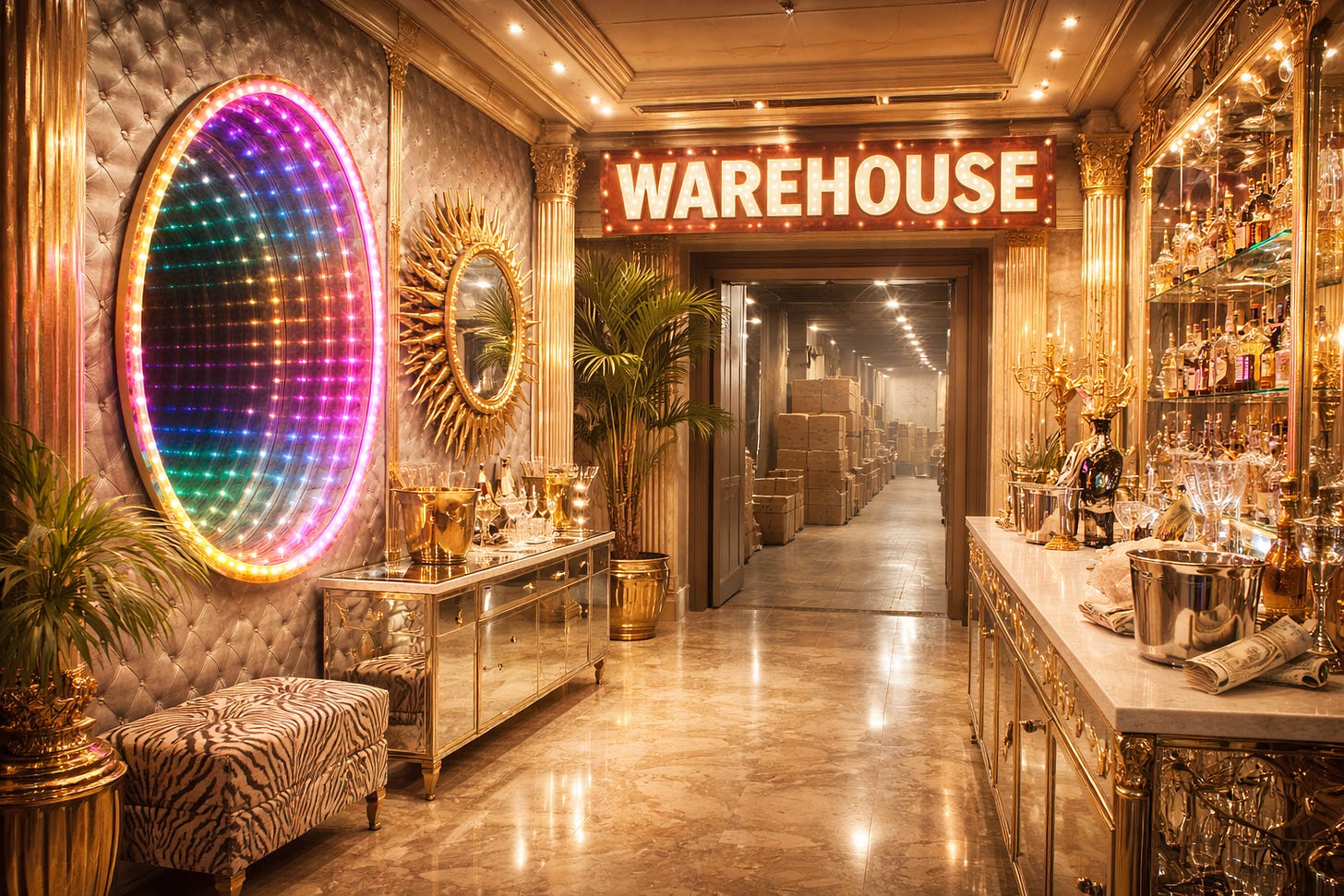 A surreal hallway leading to a furniture warehouse, styled like a luxury lounge, with a glowing “WAREHOUSE” marquee sign, polished marble floors, mirrored consoles, decorative plants, and an illuminated infinity mirror on the wall, blending backstage logistics with Vegas-level theatrical excess.
