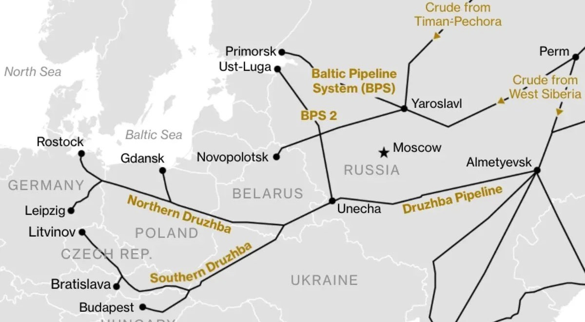 The map of the Druzhba pipeline.