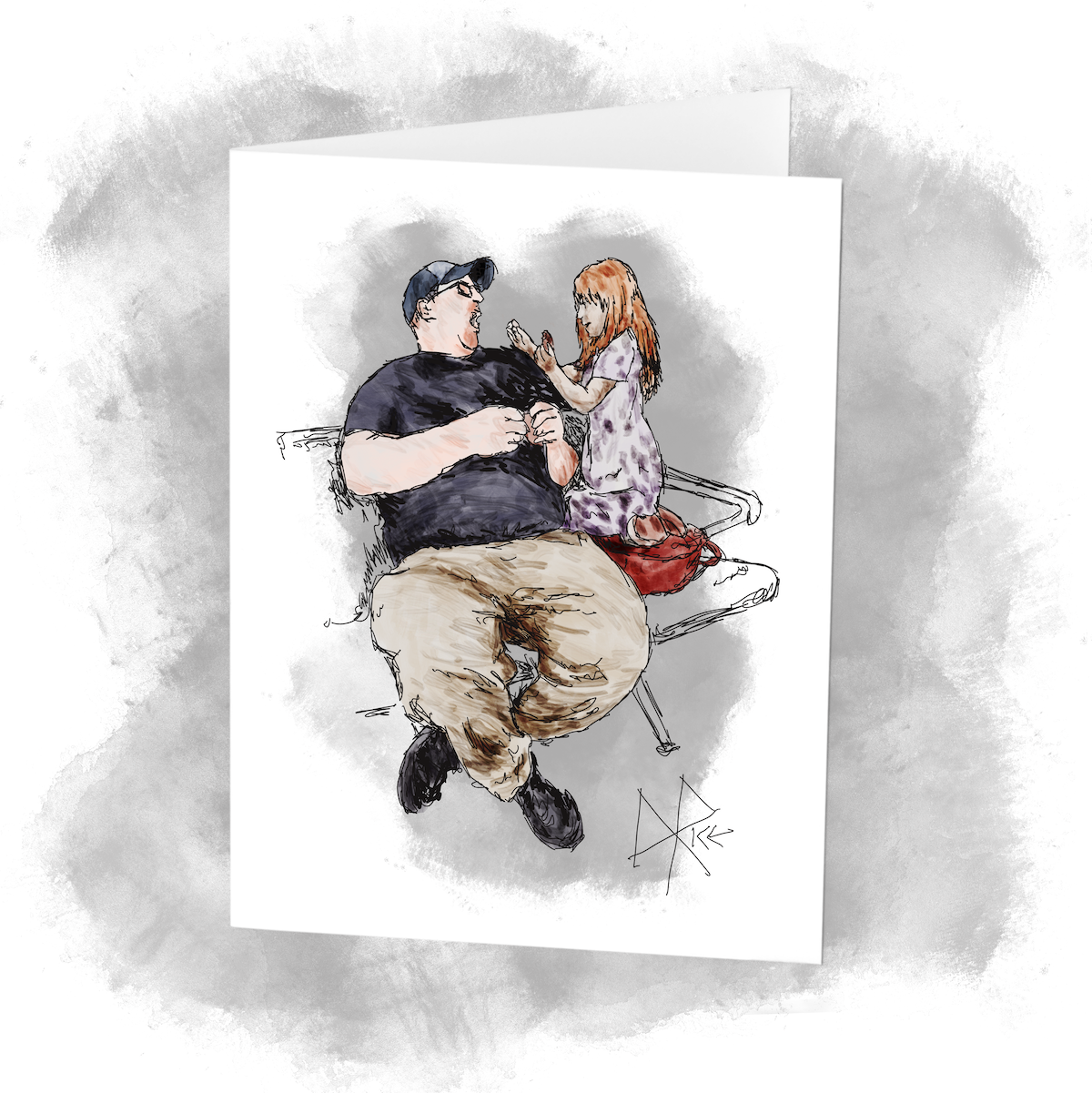 While seated on a bench, a young girl has broken off a piece of her cookie and will share it with her open-mouthed father. Sketch art by Don Rice.