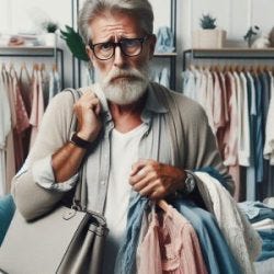 An older man with glasses and a beard looking distressed is in a store holding a purse in one hand and has an assortment of women's clothing draped over his arms.
