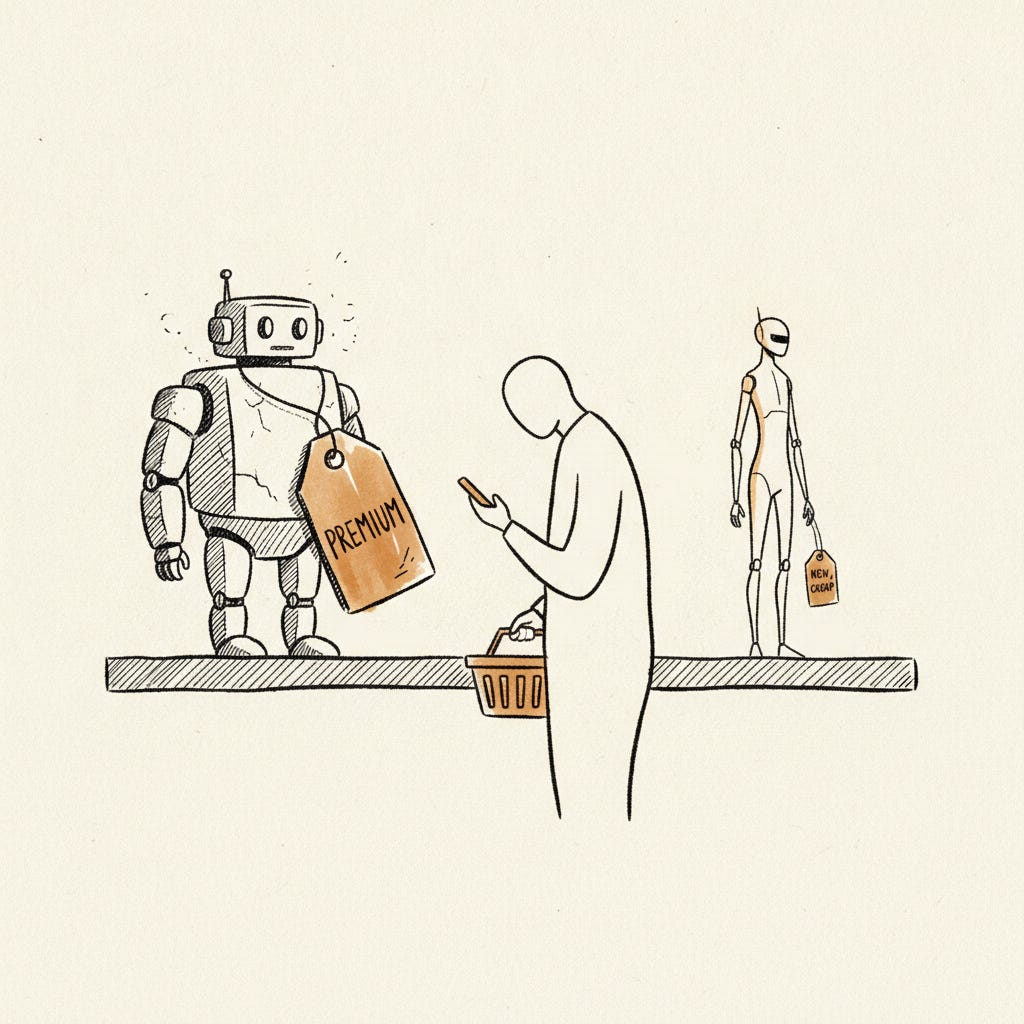 A dusty old robot with a big price tag being carried to checkout, while a sleeker cheaper one sits ignored on the shelf