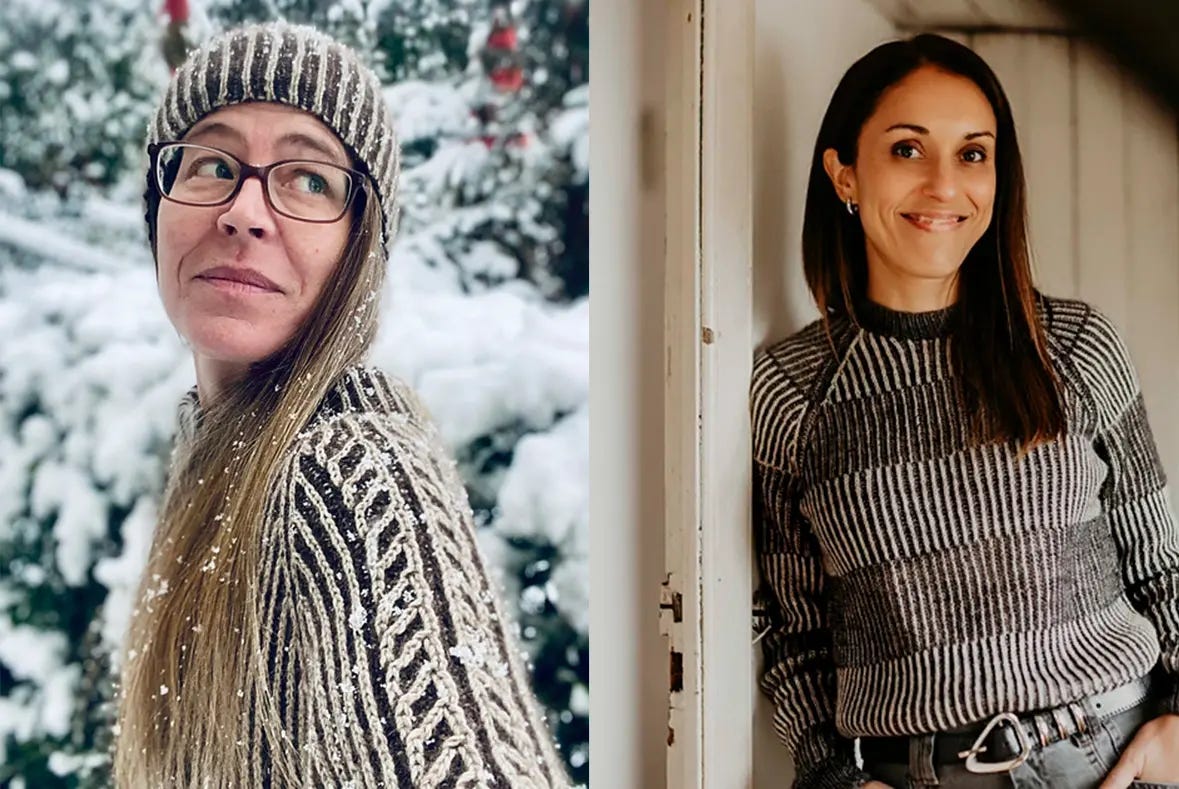 on the left, woman wears beige and brown hat and sweater; on the right woman wears a black and white sweater