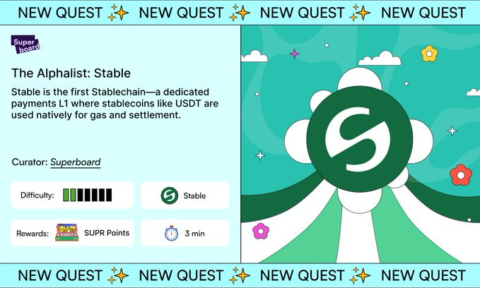 Abstract blue and green graphic interface displaying The Alphalist Stable information, with text explaining stablechain for payments using USDT for gas and settlement, Superboard curator label, difficulty bars, Stable icon, rewards section showing SUPR points and 3 minutes timer, and multiple New Quest stars. Abstract blue and green graphic interface displaying The Alphalist Stable information, with text explaining stablechain for payments using USDT for gas and settlement, Superboard curator label, difficulty bars, Stable icon, rewards section showing SUPR points and 3 minutes timer, and multiple New Quest stars.