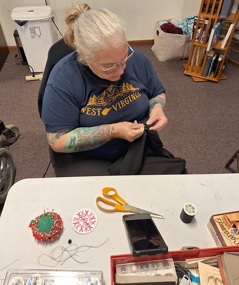 Images of people repairing items, including sewing jeans and repairing an old clock