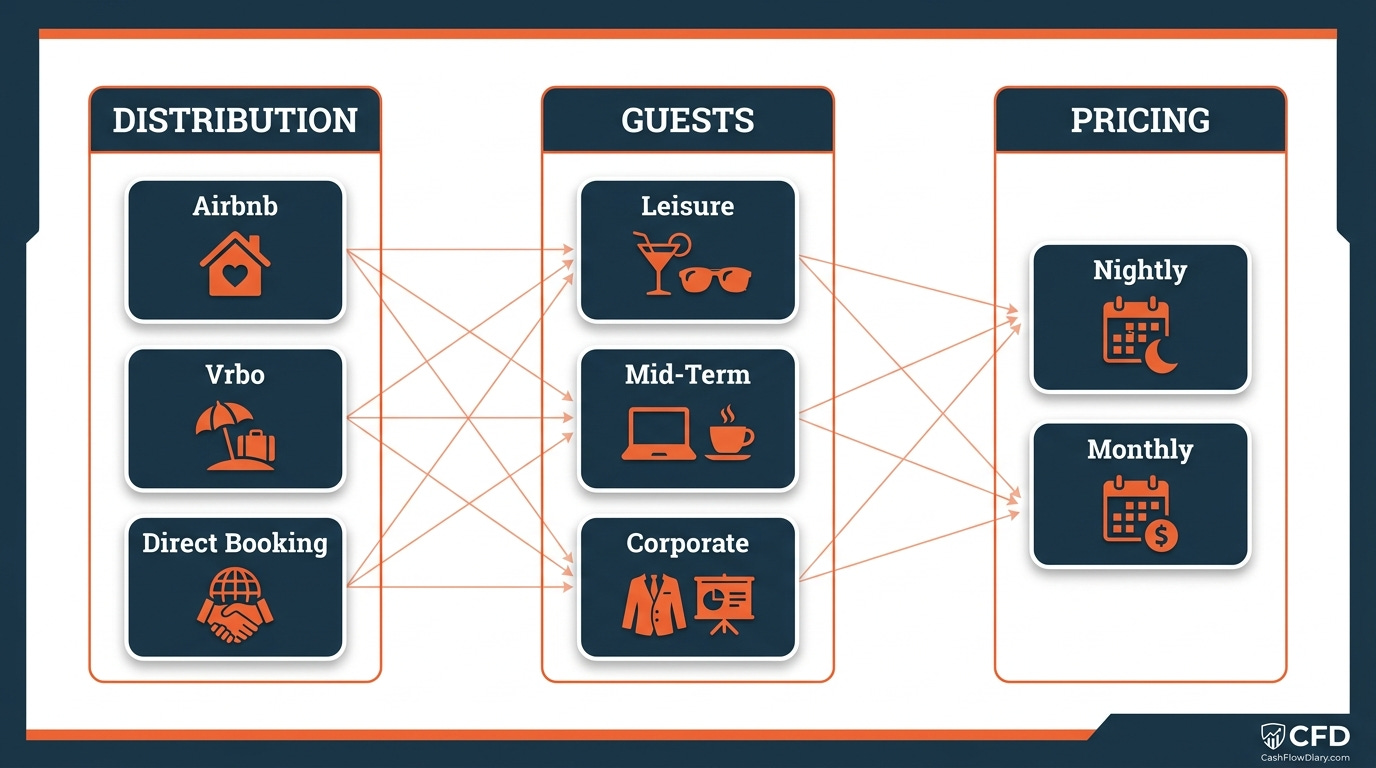 STR diversification dashboard concept — three columns showing Distribution Channels, Guest Types, and Pricing Models cross-connected STR diversification dashboard concept — three columns showing Distribution Channels, Guest Types, and Pricing Models cross-connected