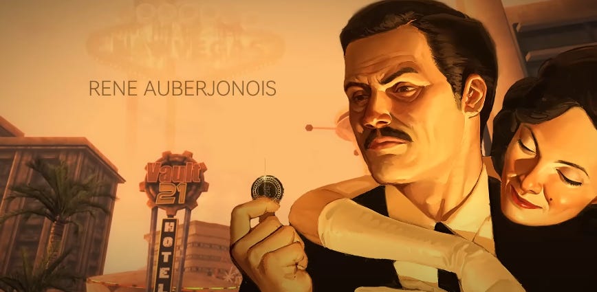 screenshot from a fanmade intro for Fallout: New Vegas featuring the libertarian casino villain Mr. House holding the Platinum Chip