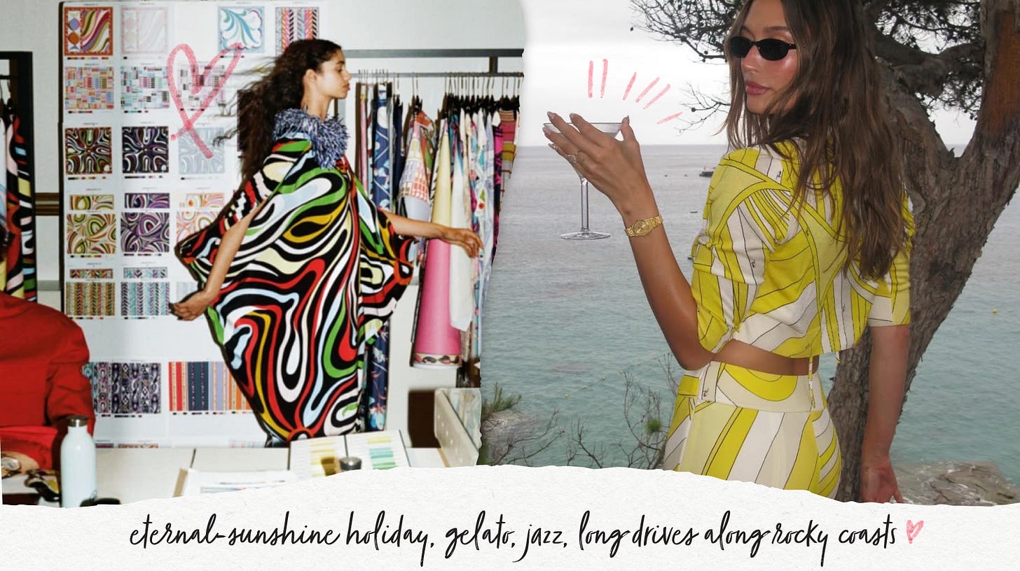 Pucci summer mood: left, model twirls in a multicolor swirl kaftan in a studio; right, woman in lemon-yellow Pucci set by a rocky coast holding a glass; caption reads ‘eternal-sunshine holiday, gelato, jazz, long drives along rocky coasts.