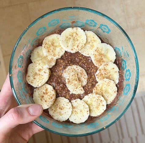 Three photos depicting the author's breakfast (oatmeal), lunch (boiled eggs on toast), and dinner (salad with chicken).