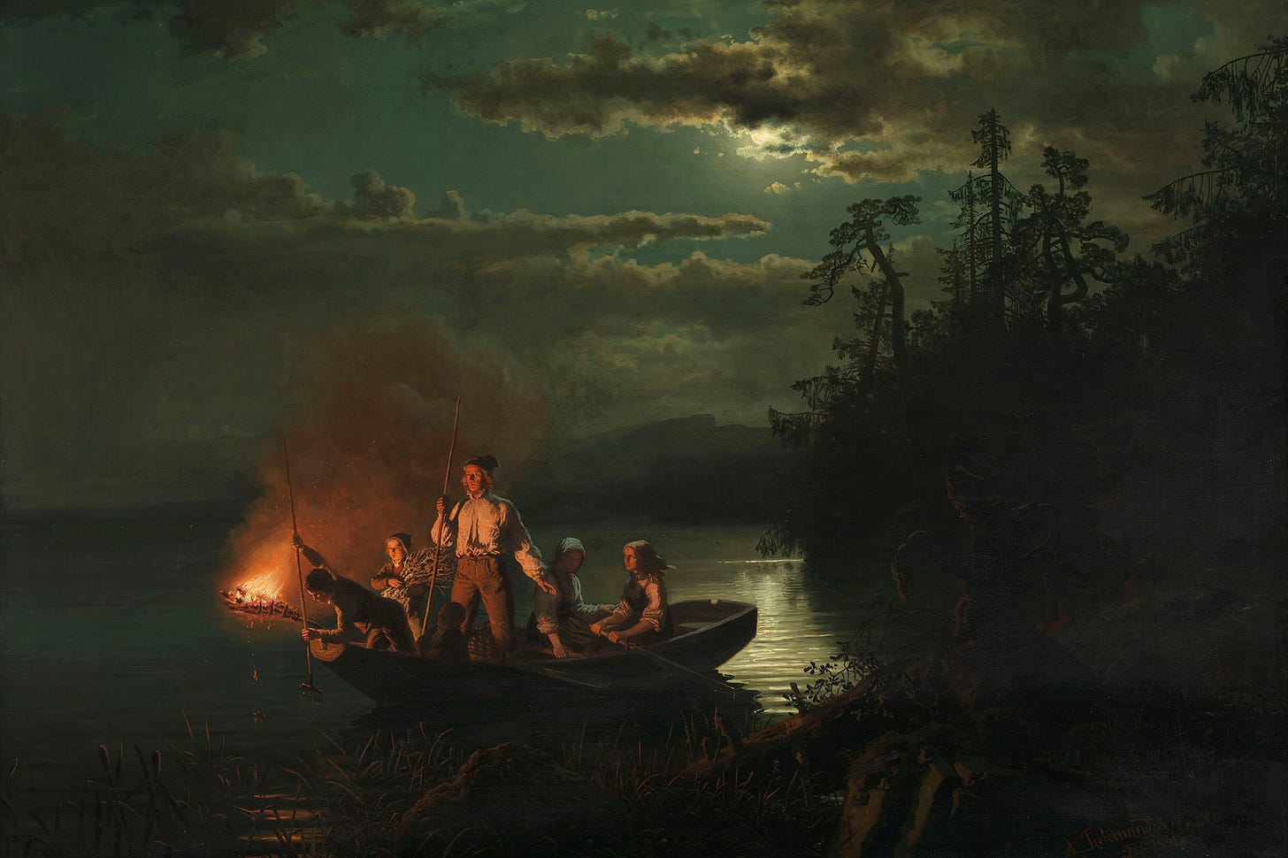 Leistering on the lake Krøderen in Buskerud, Norway. An 1851 painting by Hans Gude and Adolph Tidemand. | Nasjonalmuseet.no NG.M.04309. Børre Høstland. CC BY.