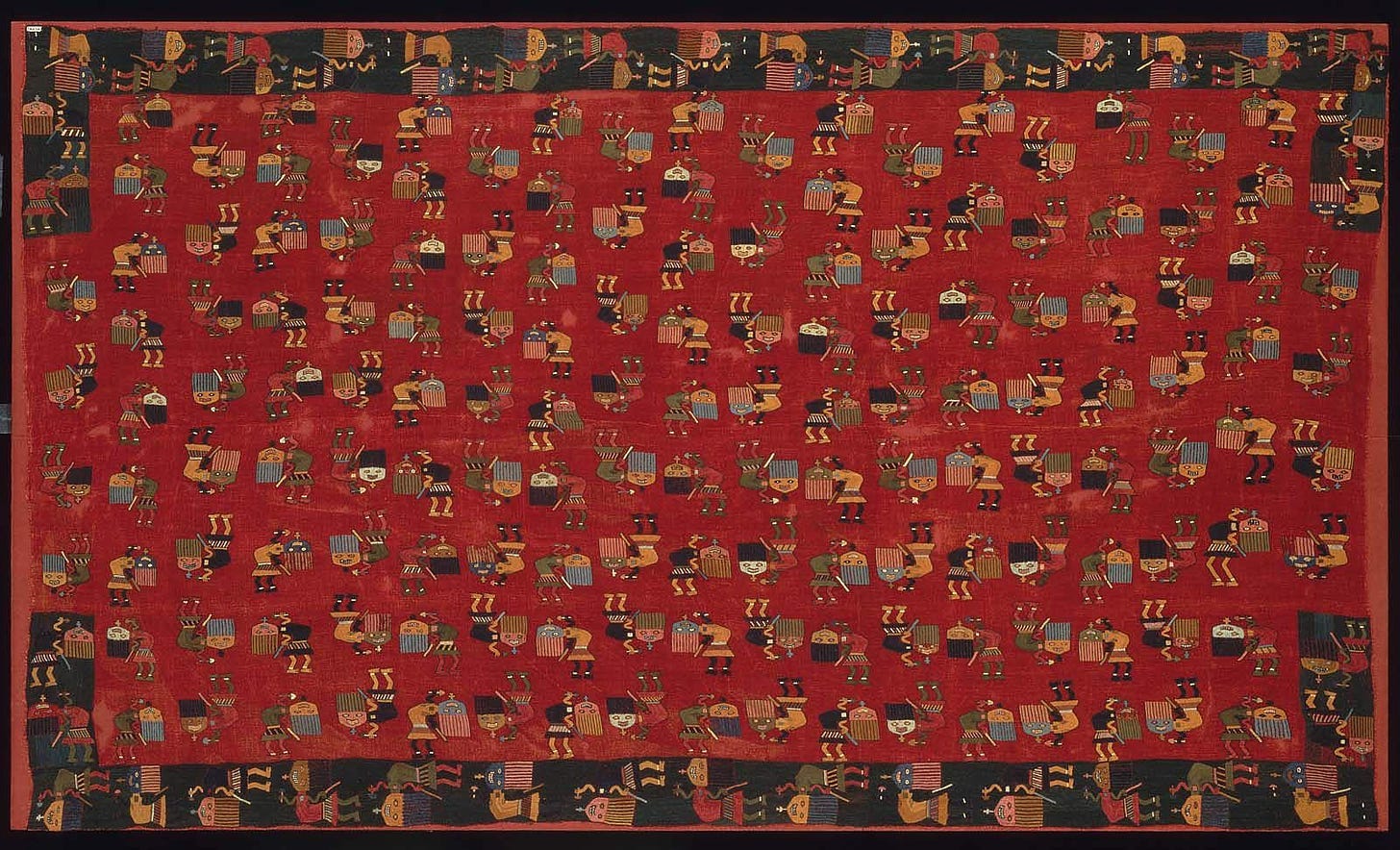 A red and black rug with cartoon characters

Description automatically generated