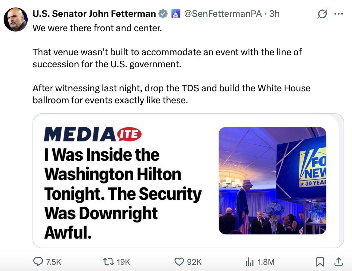 We were there front and center.  That venue wasn’t built to accommodate an event with the line of succession for the U.S. government.  After witnessing last night, drop the TDS and build the White House ballroom for events exactly like these.
