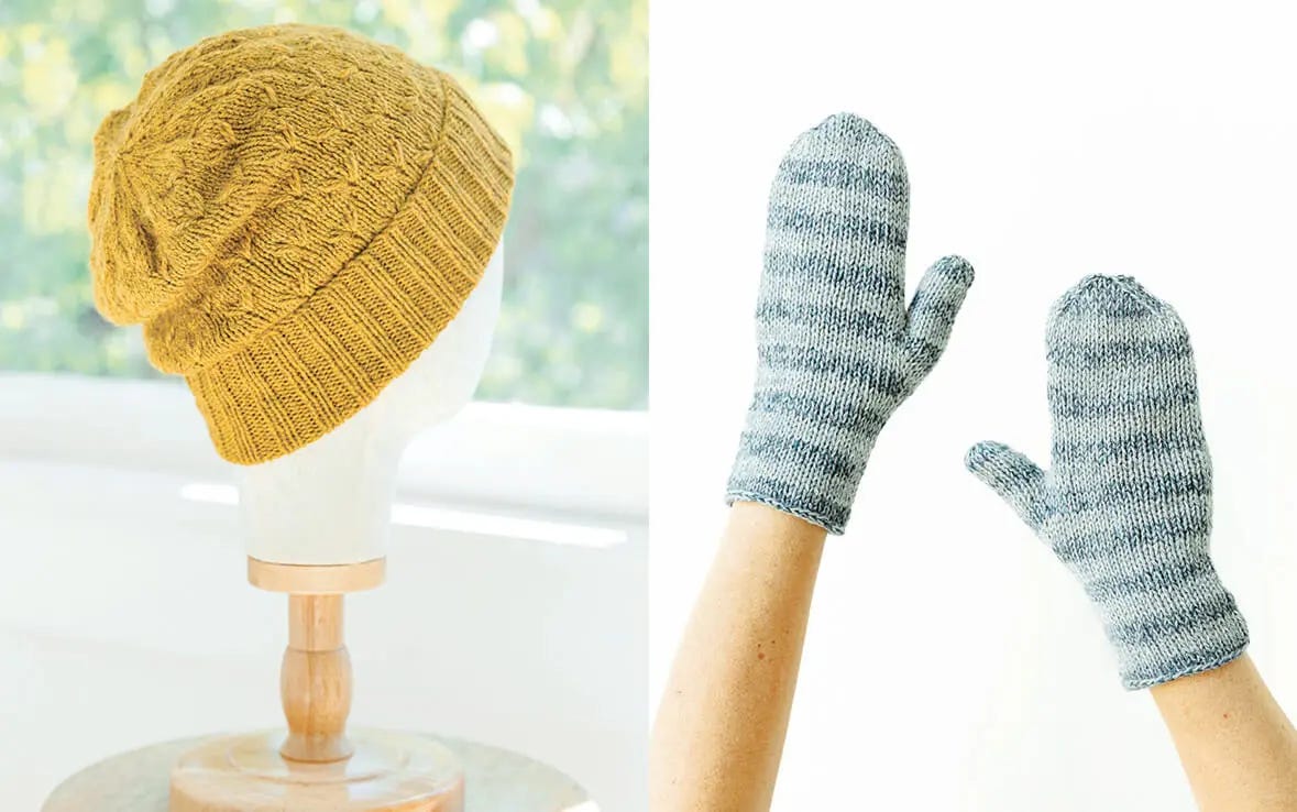 on the left, a bright yellow hand-knit hat sits on a mannequin's head; on the right, two hands wearing a pair of blue-striped mittens.