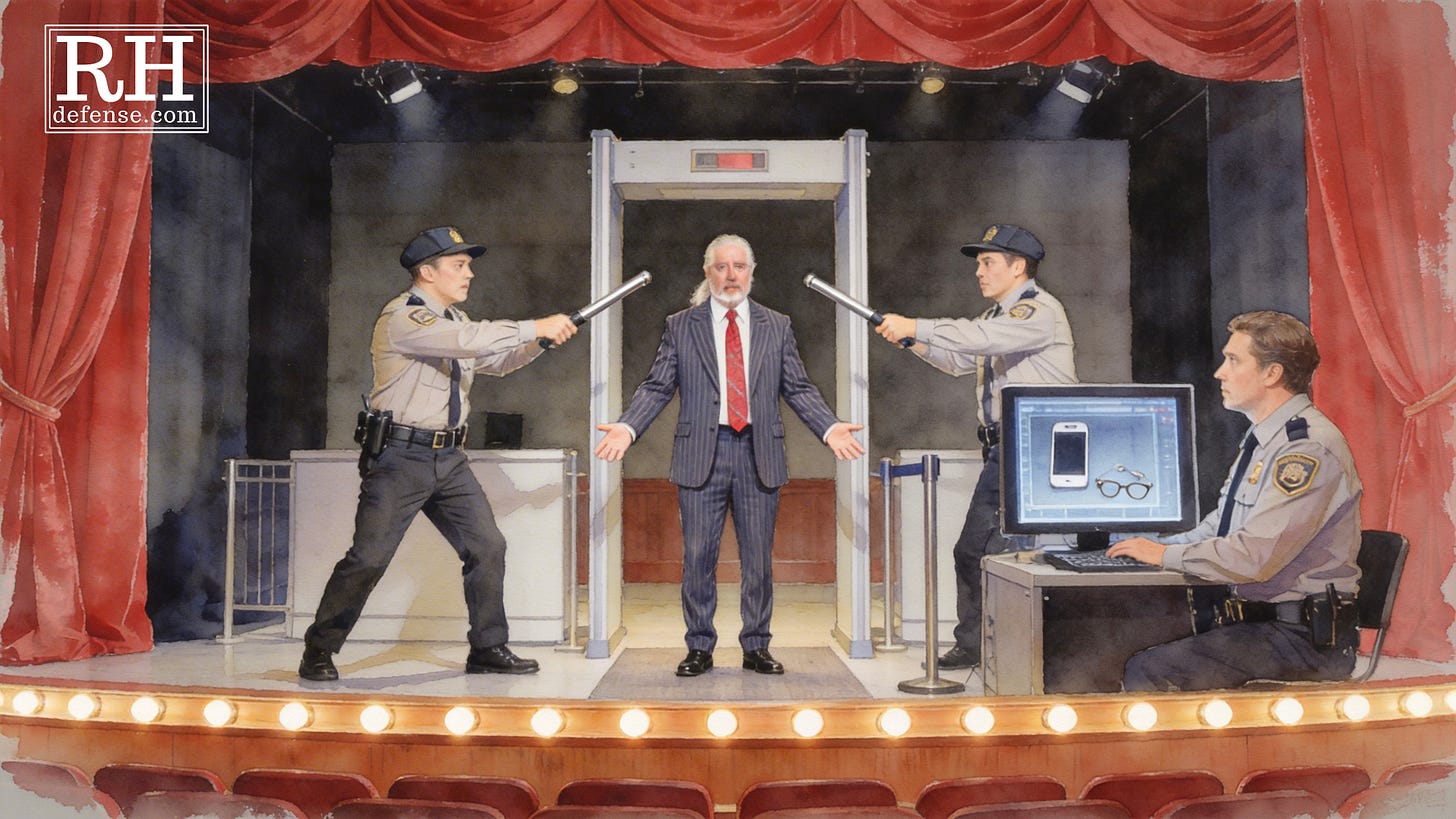 A courthouse security checkpoint recreated as a theatrical stage performance. A man in a pinstripe suit and red tie stands with arms spread wide in the center of a stage, passing through a metal detector arch, while two security guards in khaki uniforms point handheld wands at him from either side. A third guard sits at an x-ray monitor showing a phone and glasses. Red velvet curtains frame the scene. Theater footlights glow along the front edge of the empty-seated stage.